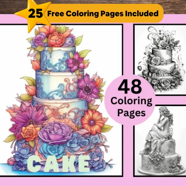 48 Cakes Coloring Book, Wedding Cake Coloring, Dessert, Coloring Bundle, Grayscale Coloring Book, Coloring Bundle, Instant Download PDF