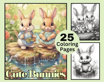 25 Cute Bunnies Coloring Pages, Cute Bunny Coloring Book, Grayscale Coloring Book Coloring for Adult and Kids, Fairy Coloring, Pets Coloring