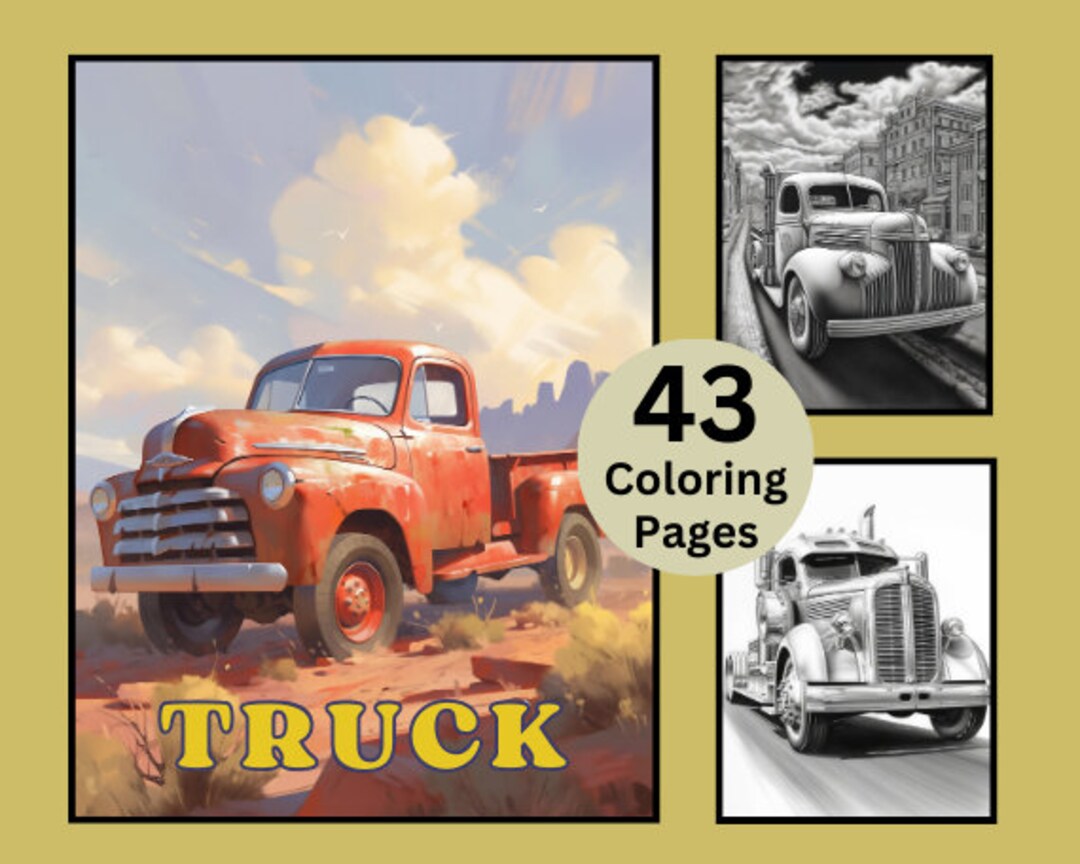 43 Vintage Truck Coloring Pages, Truck Coloring Book, Grayscale