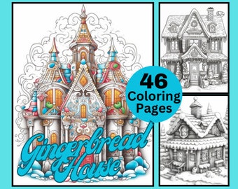 46 Gingerbread House kleurplaten, Kerst kleurplaten, grijswaarden kleuren, kleuren voor kinderen en volwassenen, Instant Download, PDF