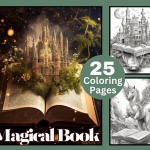 25 Magical Coloring book, Fantasy Coloring, Printable grayscale coloring book, Coloring for Kids and Adults, Coloring Bundle, Magic Book