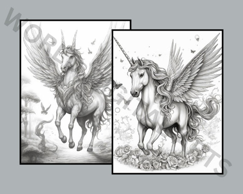 Op de afbeelding: Twee grijstinten illustraties van gevleugelde eenhoorns. E&eacute;n toont een eenhoorn in een bos met vlinders. De andere toont een eenhoorn omringd door rozen. Beide hebben gedetailleerde manen, vleugels en hoorns, perfect om in te kleuren.