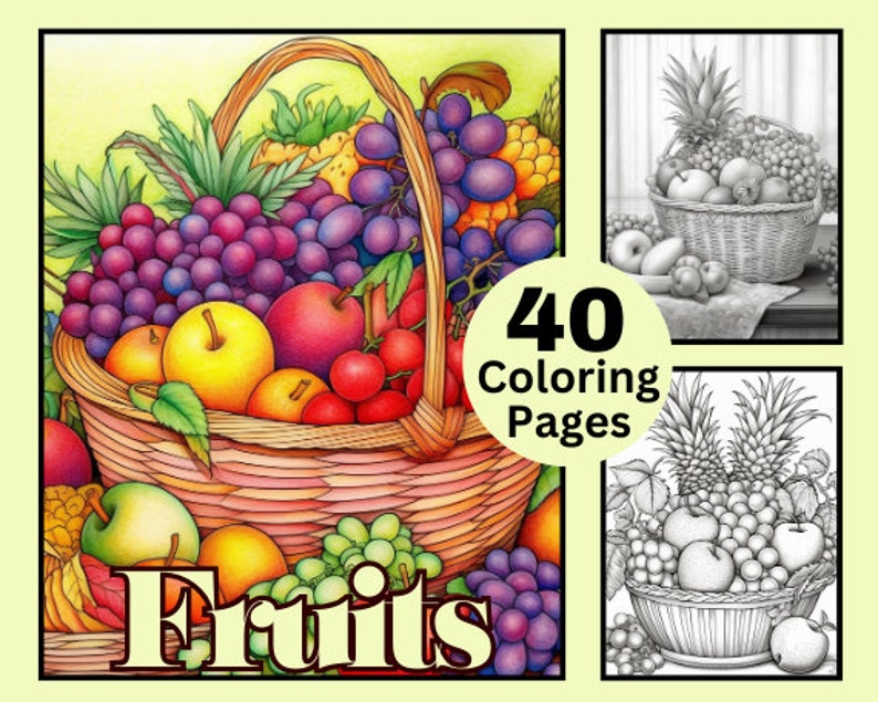 40 Fruits Coloring Book, Printable Fruit Coloring, Coloring Bundle