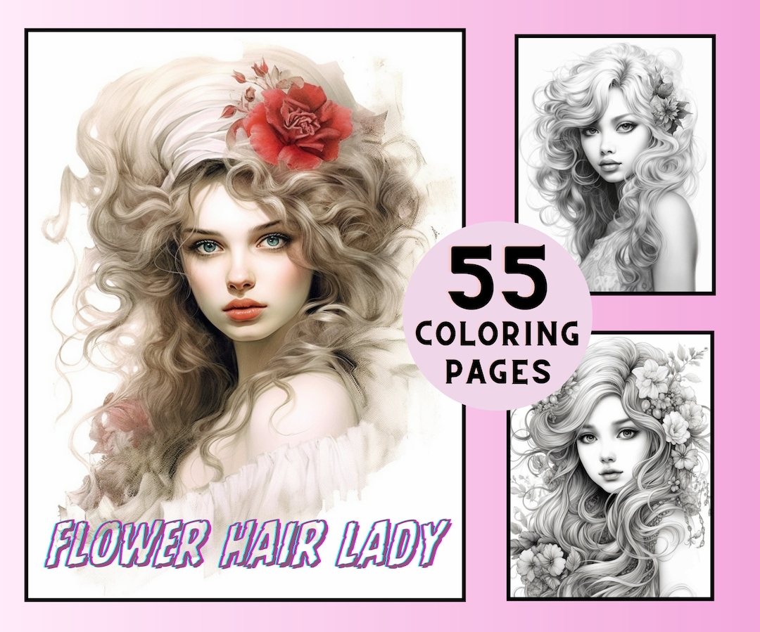55 Flower Hair Coloring Pages, Printable Coloring Book, Coloring Bundle ...