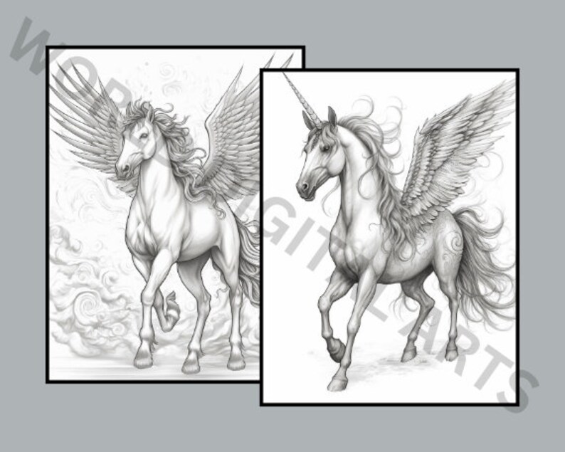 Op de afbeelding: Twee grijstinten illustraties van mythische wezens. E&eacute;n toont een gevleugeld paard, of pegasus, met gedetailleerde veren en een vloeiende manen. De andere toont een eenhoorn met een spiraalvormige hoorn en gevederde vleugels.