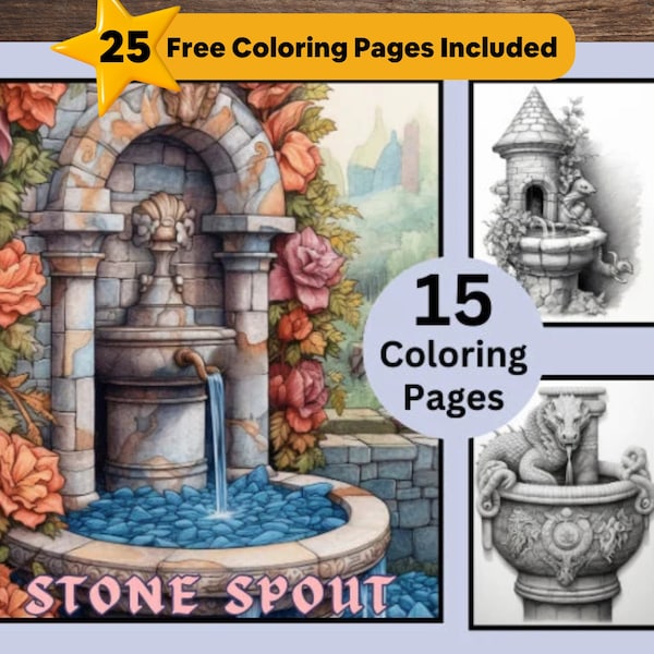 15 Stone Spouts Coloring Pages, Stone, Spout Coloring book, Grayscale coloring, Coloring for Kids and Adult, PDF Instant Download