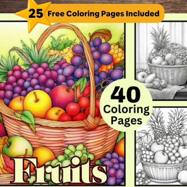 40 Fruits Coloring Book, Printable Fruit Coloring, Coloring Bundle, Grayscale Coloring Book, Coloring Bundle, Instant Download PDF