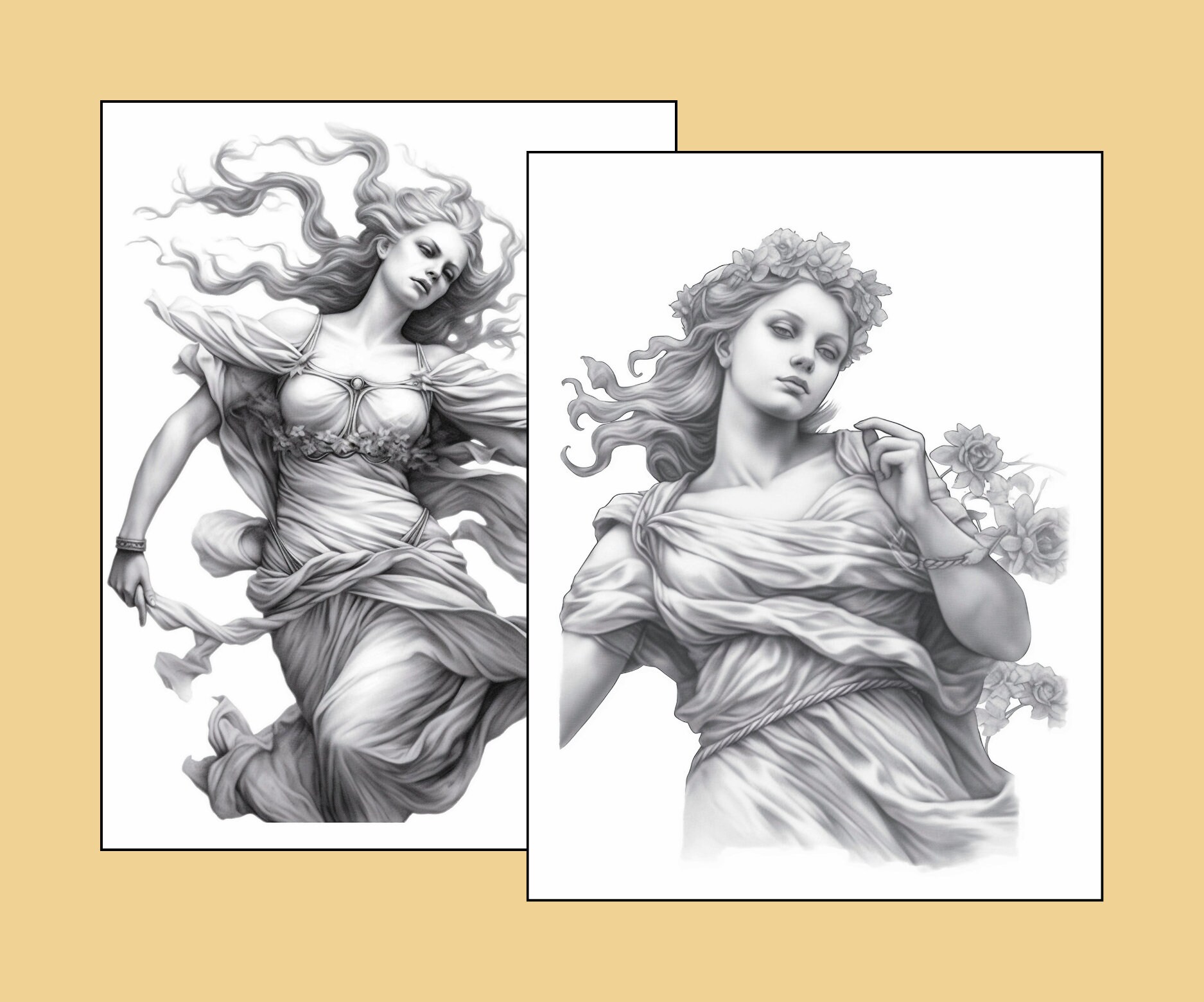 68 Goddess Coloring Pages, Women Coloring Book, Grayscale Coloring