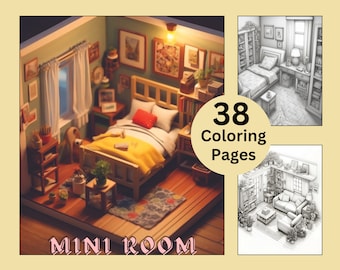 Pocket Room Coloring, Pagine da colorare Mini Room, Libro da colorare in scala di grigi, Pagine da colorare stampabili per adulti per bambini, Fogli da colorare, Accogliente