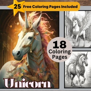 18 Unicorn Coloring Book, Horse Coloring Book, Fantasy Coloring, Grayscale Coloring, Magical Coloring for Adult and Kids, Instant Download