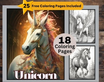 18 Unicorn Coloring Book, Horse Coloring Book, Fantasy Coloring, Grayscale Coloring, Magical Coloring for Adult and Kids, Instant Download