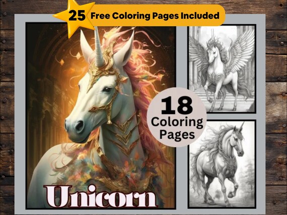 18 Unicorn Coloring Book, Horse Coloring Book, Fantasy Coloring, Grayscale Coloring, Magical Coloring for Adult and Kids, Instant Download