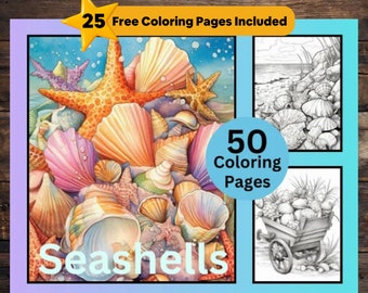 50 schelpen kleurplaten, schelpen kleurboek, grijswaarden kleuren, kleurplaten voor kinderen en volwassenen, pdf instant download, oceaan, zee