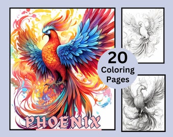 22 Feniks kleurplaten, vogel kleurboek, grijswaarden kleuren, kleurplaten voor kinderen en volwassenen, Phoenix kleurboek, Instant Download