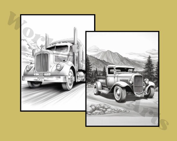 43 Vintage Truck Coloring Pages, Truck Coloring Book, Grayscale