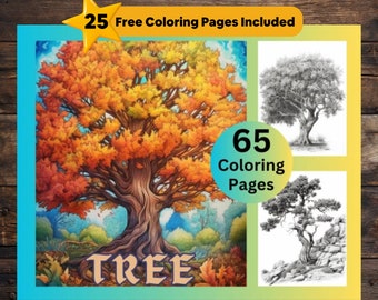 65 bomen kleurboek, afdrukbare bloemenkleuren, botanische kleuren, grijswaarden kleuren, kleurplezier, kleurbundel, direct downloaden, pdf