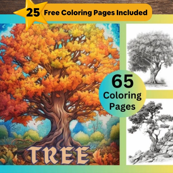 65 Trees Coloring Book, Printable Floral Coloring, Botanical Coloring, Grayscale Coloring, Color Fun, Coloring Bundle, Instant Download, PDF