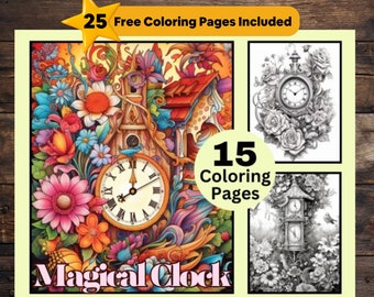 15 Magical Clocks Coloring Pages, Coloring Book, Clock Coloring, Kid Coloring, Grayscale Coloring, Coloring for Adult, Instant Download