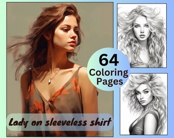 64 dames op mouwloos shirt kleurplaten, vrouwen kleurboek, kinderen kleuren, grijswaarden kleuren, kleuren voor volwassenen, Instant Download