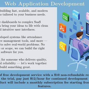 Puede incluir: Una ilustración azul y blanca de una persona sentada en un escritorio trabajando en una computadora. La pantalla de la computadora muestra código. El escritorio está rodeado de iconos que representan diferentes lenguajes de programación, incluyendo HTML, CSS, JavaScript, PHP y C++. El texto en la imagen dice "Desarrollo de aplicaciones web" y describe los servicios que ofrece la empresa. El texto también menciona una prueba gratuita y una tarifa de suscripción mensual.