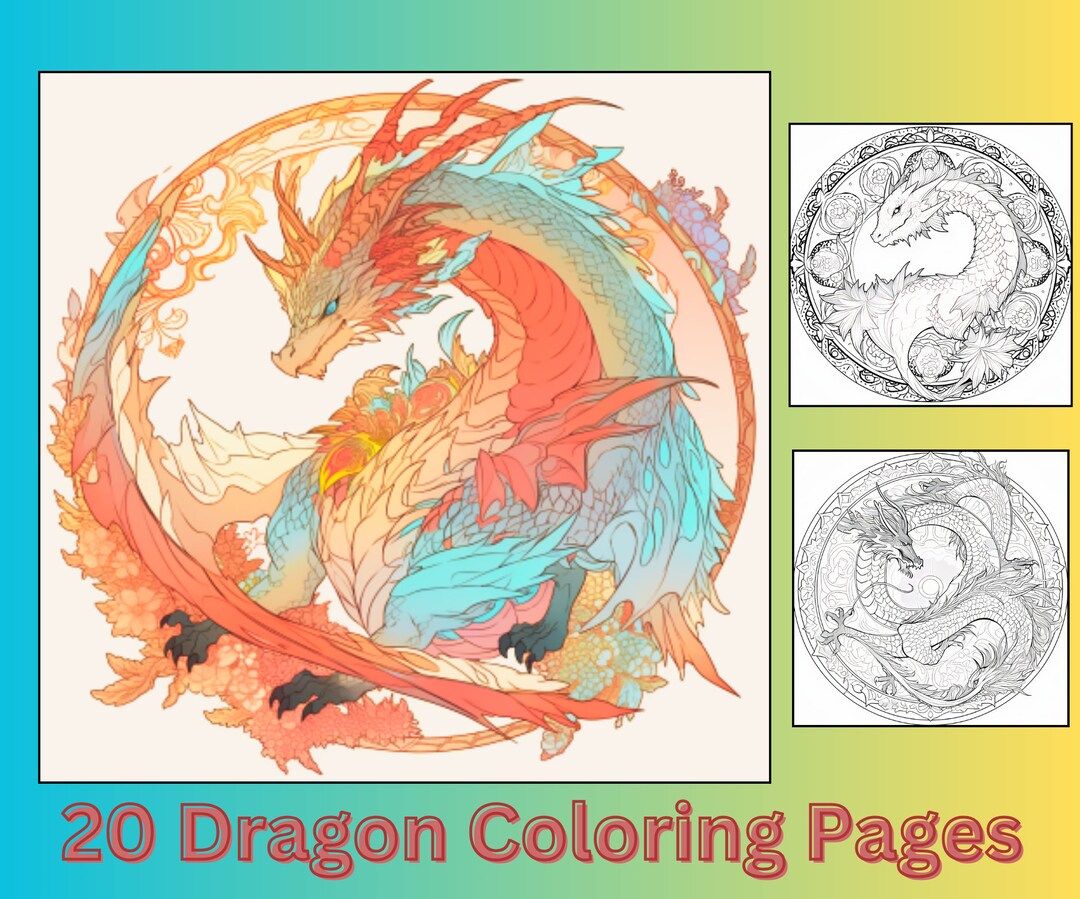20 Mandala Dragon Coloring Pages, Adult Coloring Book, Mandala Coloring