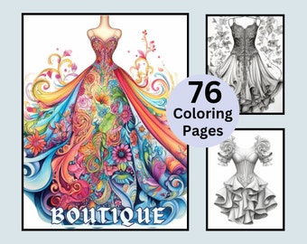 76 Boutique Dresses Coloring Pages, Dresses Coloring book, Women, Grayscale coloring, Coloring for Kids and Adults, PDF Instant Download