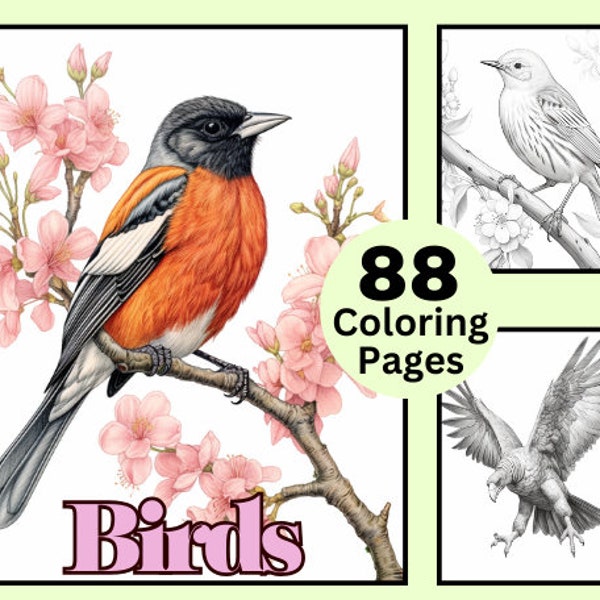 88 Birds Coloring Pages, Bird Coloring Book, Grayscale coloring, Coloring for Kids and Adults, Animals Coloring Book, Instant Download, PDF