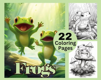 22 Frogs Coloring Page, Coloring Book, Frog Coloring, Grayscale Coloring Animal Coloring for Adult and Kids, Instant Download, Pets Coloring
