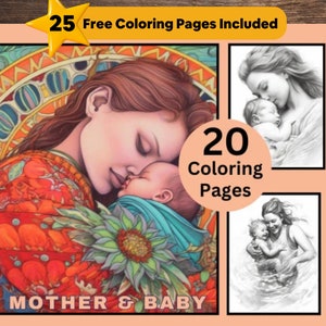 20 Mother & Baby Coloring Pages, Baby Coloring Book, Kids Coloring, Grayscale Coloring, Coloring for Adult, Instant Download, Cute baby, Mom