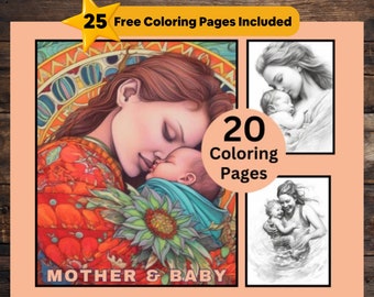20 moeder & baby kleurplaten, baby kleurboek, kinderen kleuren, grijswaarden kleuren, kleuren voor volwassenen, instant download, schattige baby, moeder