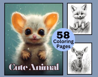 58 Baby Cute Animals Coloring Pages, Cute Coloring Book, Grayscale coloring, Coloring for Kids and Adults, PDF Instant Download, animal