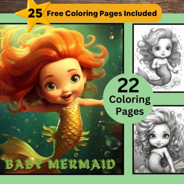 22 Baby Mermaids Coloring Pages, Mermaid Coloring Book, Color Bundle, Grayscale Coloring, Coloring for Kids and Adult, Instant Download PDF