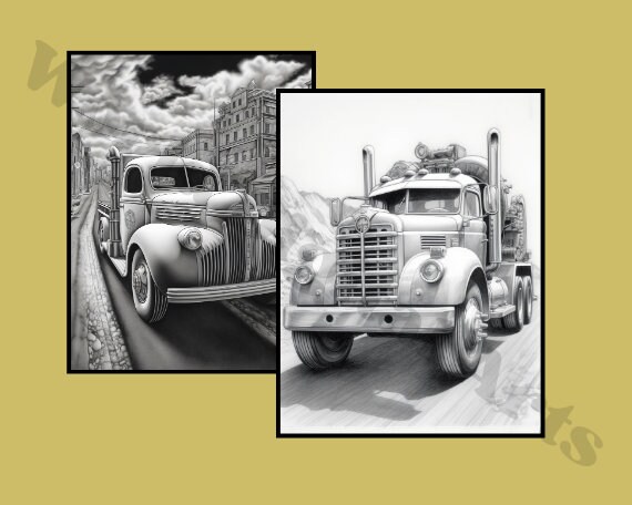 43 Vintage Truck Coloring Pages, Truck Coloring Book, Grayscale