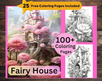 100+ Fairy House coloring book, Printable grayscale coloring book, Coloring for Kids and Adults, Coloring Bundle, Stress Relief, Color Fun