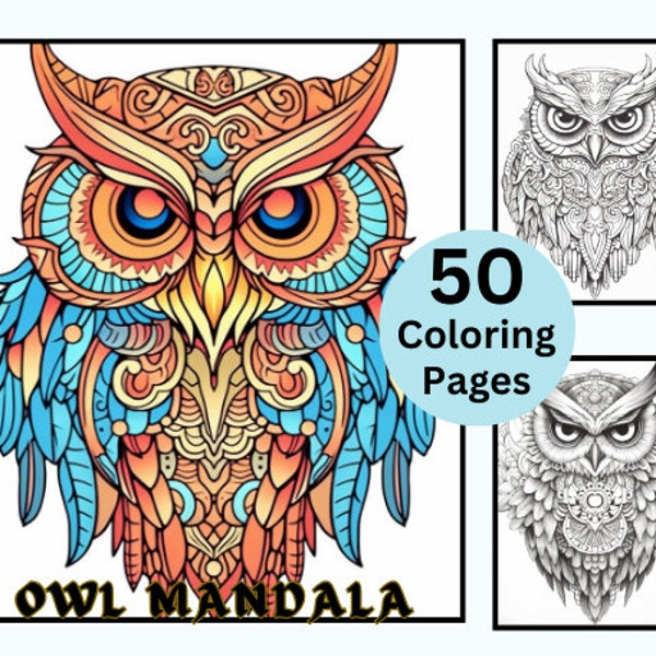 50 Owl Mandalas Coloring Book, Mandala coloring pages,  Coloring for Kids,  PDF Instant Download, Adults Coloring Books, Owl Coloring