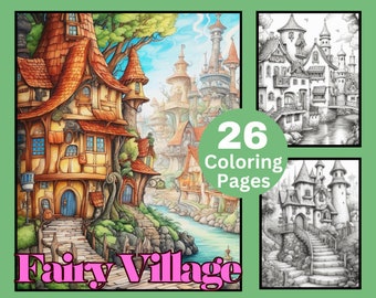 28 Fairy Villages kleurplaten, landschapskleuren, dorp kleurplaat, grijswaarden kleurboek, Instant Download, Fairy House Coloring
