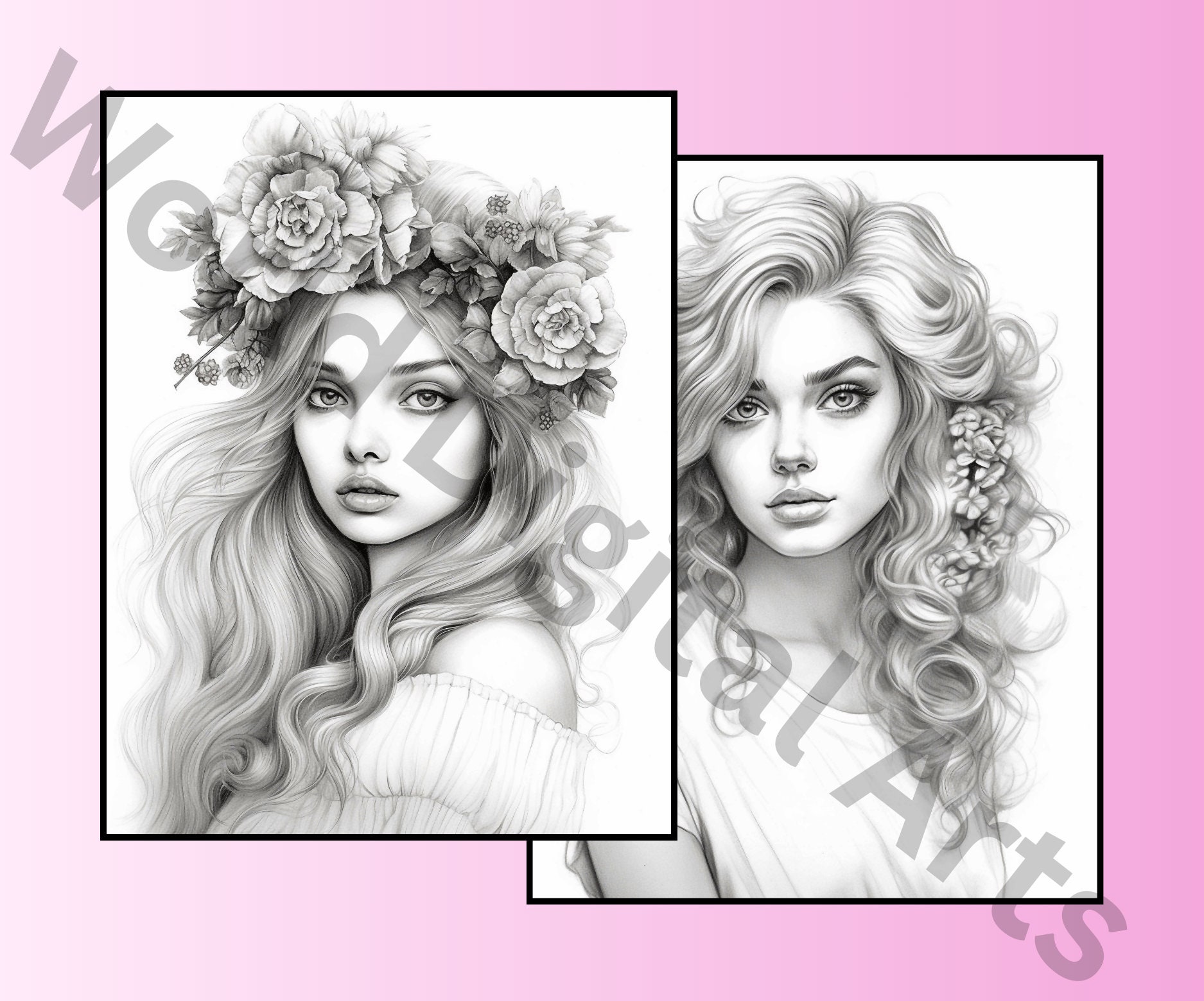 55 Flower Hair Coloring Pages, Printable Coloring Book, Coloring Bundle ...