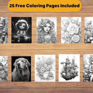 Op de afbeelding: Een verzameling zwart-wit kleurplaten met diverse illustraties. De afbeeldingen bevatten een gedetailleerd kasteel, een jong meisje op een schommel, een portret van een vrouw, rozen, paddenstoelen, een vogel, een hond, bloemen, een fantasietoren en een fee. De tekst luidt "25 Free Coloring Pages Included."