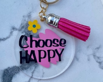 CHOOSE HAPPY Handmade Round Acrylic Keychain w/ Tassel, gifts, accessories, add-on