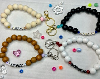 Personalized Wooden Beaded Wristlet, Beaded Wristlet, Keys, Keychain, Key Ring, Gift
