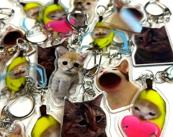 Acrylic Cat Meme Keychains, Keychain, Banana, Apple, Kiwi, Meme, Cat Keychain