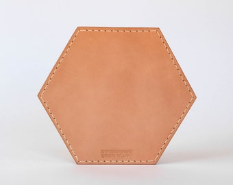 hexagonal leather trivet, sustainable & unique heirloom piece, veg tanned leather, hand sewn saddle stitch with linen thread