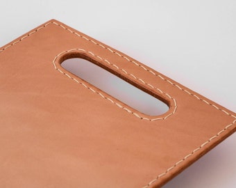 leather rectangle trivet with handle, sustainable & unique heirloom piece, veg tanned leather, hand sewn saddle stitch with linen thread