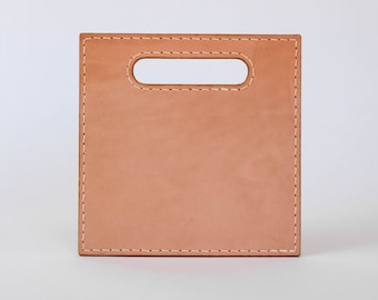 leather square trivet with handle, sustainable & unique heirloom piece, veg tanned leather, hand sewn saddle stitch with linen thread