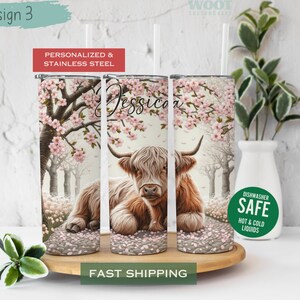Highland Cow Tumbler Personalized Cute Cow Tumbler, Embroidery Highland Cow Floral Tumbler, Highland Cow Gift For Her, Cow Lover Tumbler