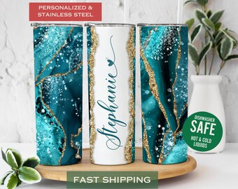 Agate Marble Tumbler Personalized Custom Teal Marble Name Tumbler Gift For Her, Teal Glitter Tumbler, Mother's Day Gift, Bridesmaid Tumbler