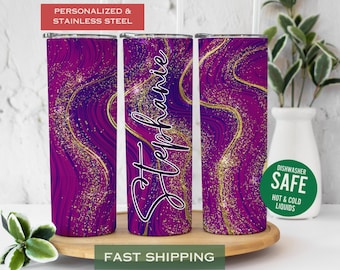 Marble Tumbler Personalized Glitter Swirl Tumbler, Purple Tumbler with Glitter, Mother's Day Gift, Bridesmaid Tumbler, Glittered Tumbler