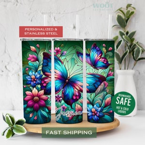 Stained Glass Butterfly Tumbler Personalized Floral Butterfly Tumbler, Butterfly Lover Gift, Butterfly Gift For Women, Butterfly Travel Cup