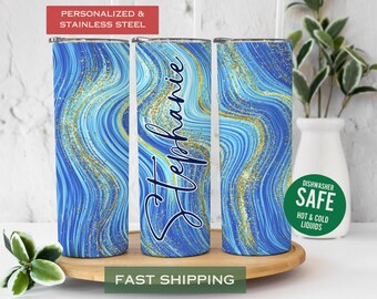 Marble Tumbler Personalized Glitter Swirl Tumbler, Blue Tumbler with Glitter, Mother's Day Gift, Bridesmaid Tumbler, Glittered Tumbler