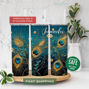 Peacock Tumbler Personalized Custom Peacock Gift for Her, Peacock Feather Travel Cup, Embroidery Peacock Tumbler Cup For Peacock Lovers